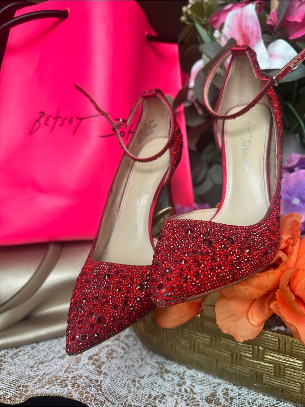 Betsey Johnson Red Crystal Pointed-Toe Ankle-Strap Pumps - Picture 3 of 4